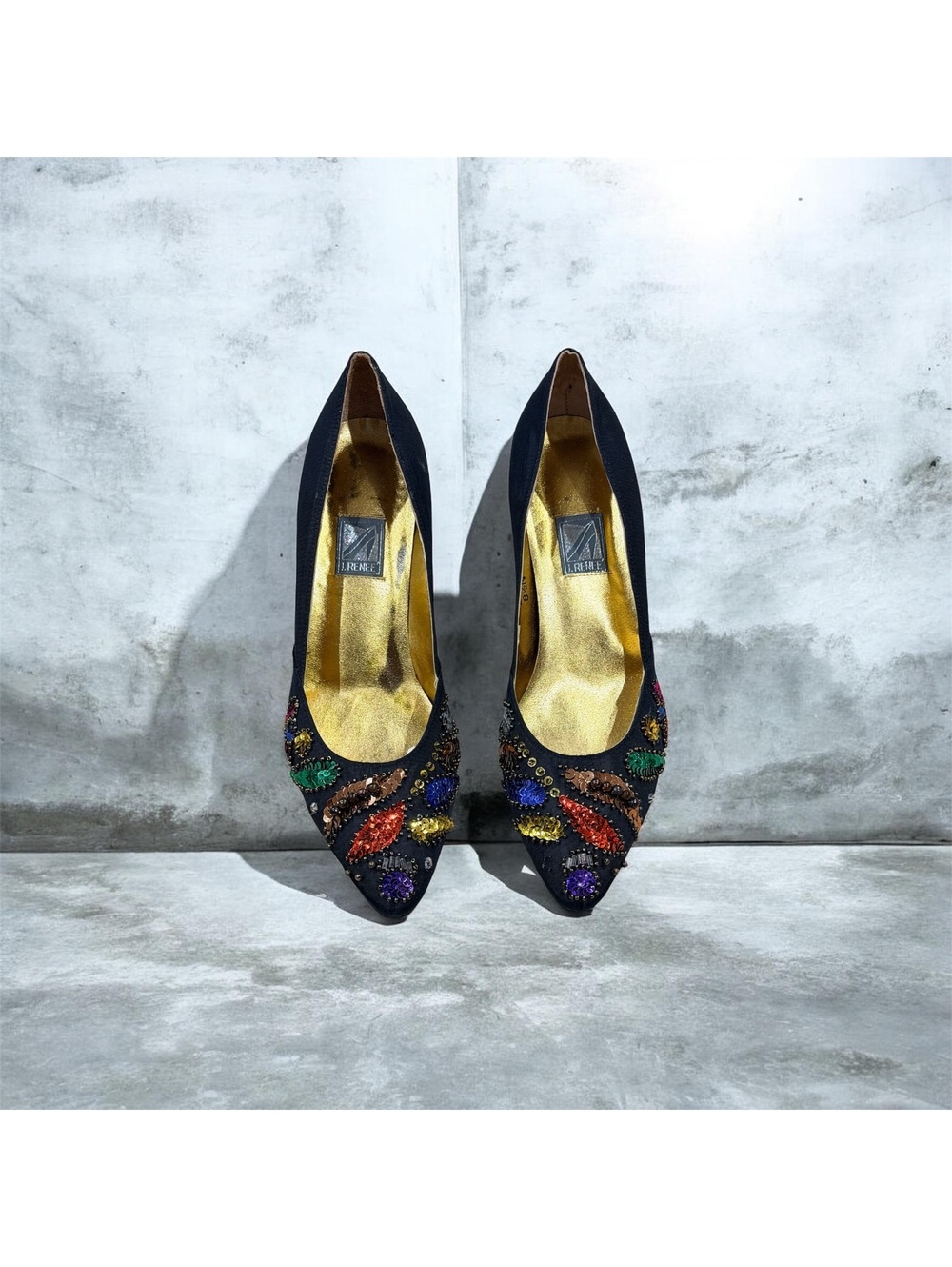 J. Reneé Black Kitten Heel Pumps with Multicolor Sequin Embellishments Size 8.5N